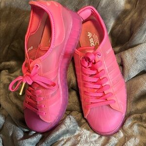 Like New Pair of Adidas Women's Bold Pink Plastic Like Sneakers, Sz 6.5